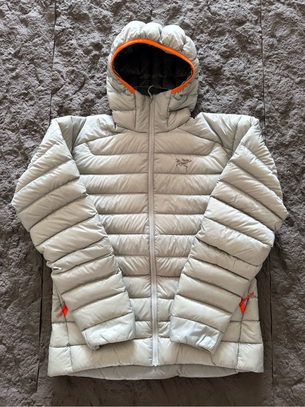 Arc'teryx Light Gray Hooded Down Puffer with Orange Trim